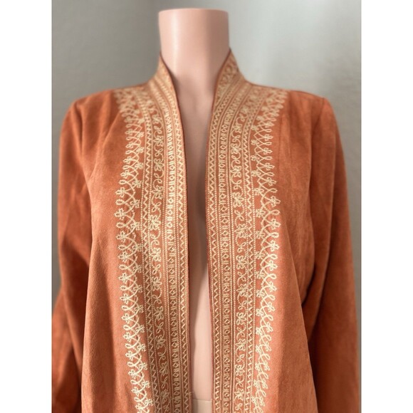 Soft Surroundings Faux Suede Orange Duster Coat Jacket Cardigan Embroidered Sz L - Picture 2 of 11